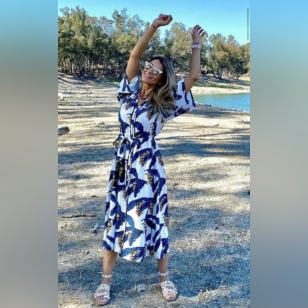 H&M White Midi Dress with Blue and Yellow Tropical Print - Picture 2 of 16
